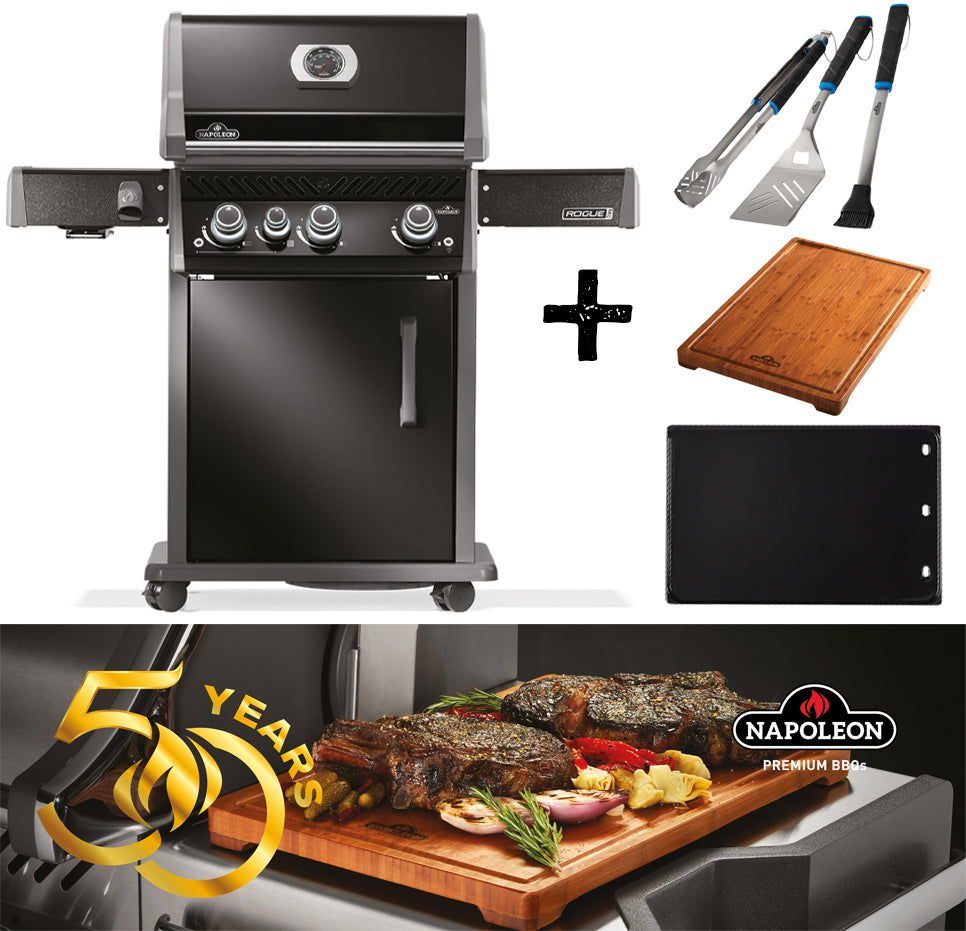Napoleon Rogue SE 425_50 Jahre Edition_ All-Black-Design – Inkl. SIZZLE ZONE Grillplatte u. Zubehör-Bundle