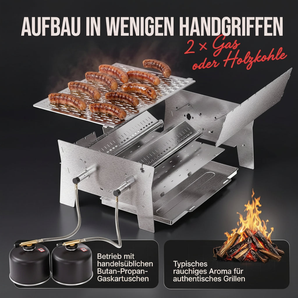 OVICUE Grill XL | Mobiler Hybrid Gas- & Holzkohlegrill aus Edelstahl