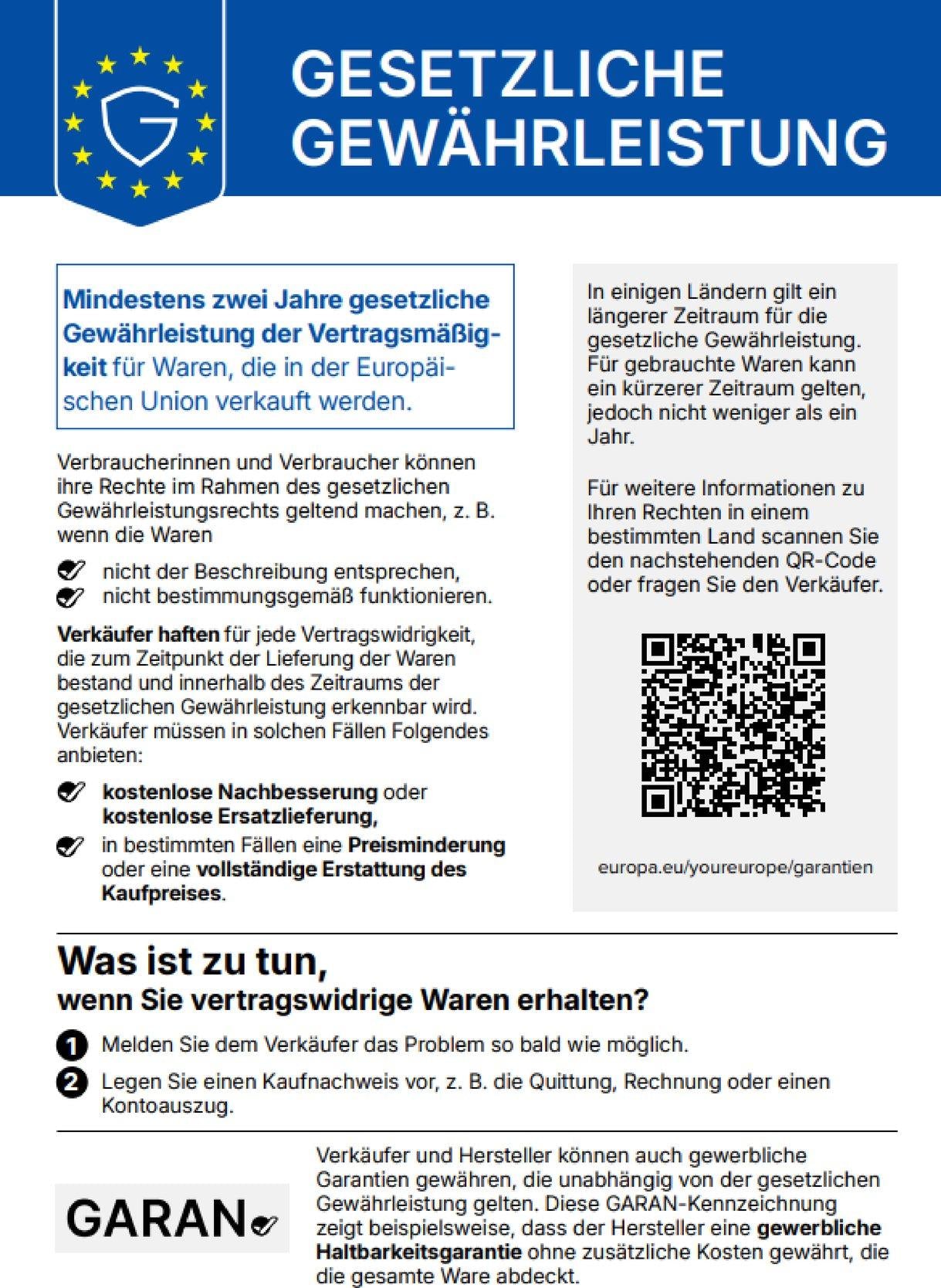 EU-Gewährleistungslabel: Gesetzliche Gewährleistung, mindestens zwei Jahre